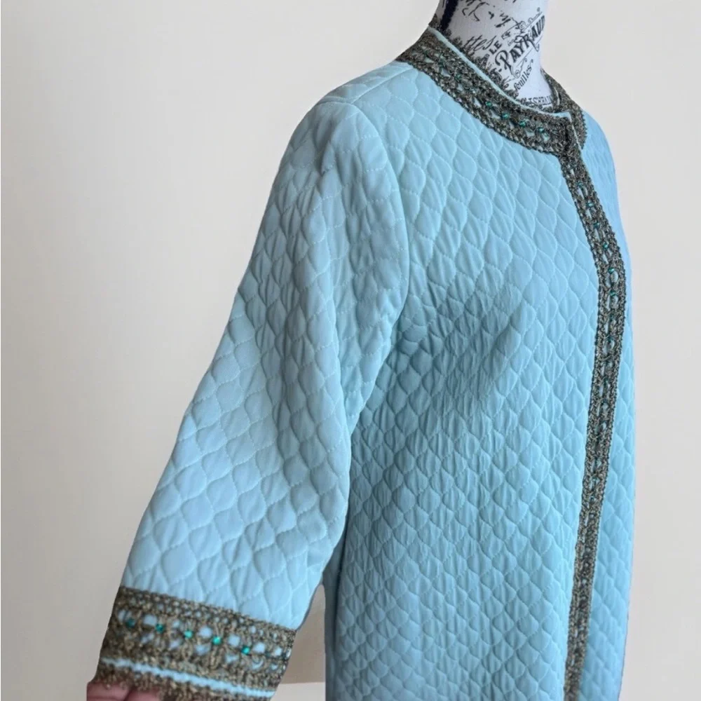 Vintage 70s Flobert Edwardian Baby Blue Bling Quilt Mod Long Robe House Coat - Picture 4 of 16